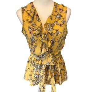 Cottagecore Yellow Floral Ruffle V-Neck Peplum Blouse Sleeveless Tie Waist Top M